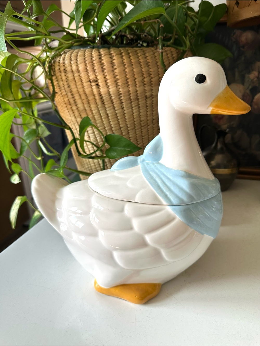 Vintage Ceramic Goose Cookie Jar Blue Bandana 90s